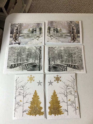 Christmas trees in handmade greeting cards made with decoupage napkins.
