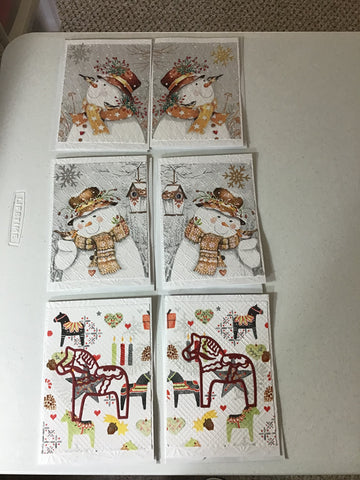 Christmas snowman in handmade greeting cards made with decoupage napkins.