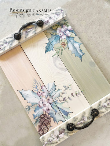White wood slated tray decorated with wet transfers