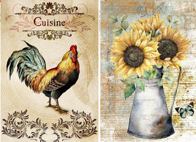 Rooster and sunflower decoupage paper featured for collage, scrapbooking and mixed media.