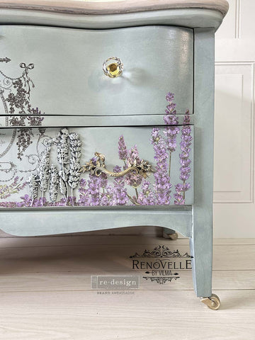 Gray green dresser with Lavender Harver Decor moulds