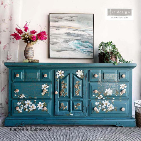Blue dresser with furniture moulds and floral furniture transfer decals