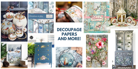 An image collage of fine decorative paper napkins, decoupage papers and transfer papers. Great for Scrapbooking and decoupage.