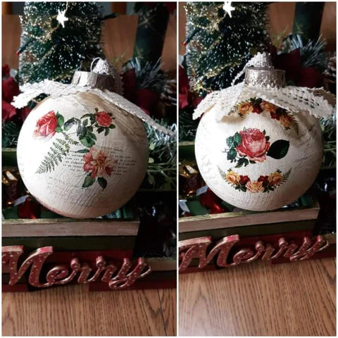 white christmas ornaments with Rub on Transfer Decals from ReDesign with Prima Decor