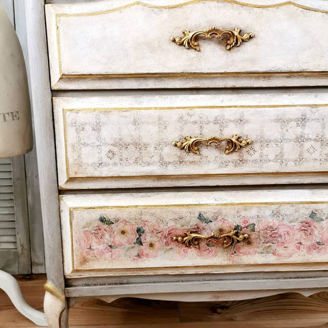 Light Grey Dresser with A3 rice paper Tranquil Bloom decoupaged on its drawers