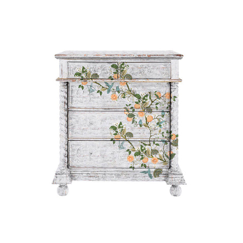 Rub on Furniture transfers applied to white dresser to upcycle furniture decor