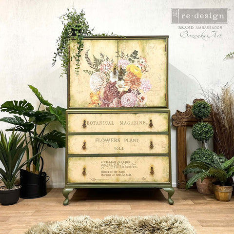 Green Dresser with yellow drawers and floral furniture transfers