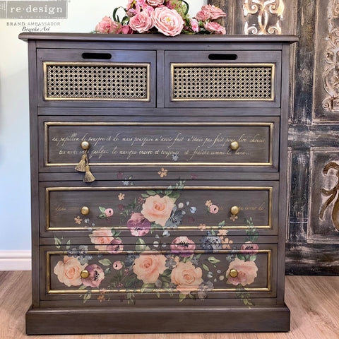 Furniture upcycled with rub on furniture transfer of pink floral rose pattern.