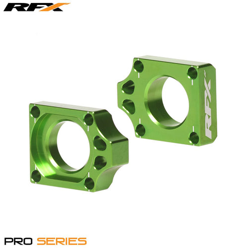 RFX Pro Rear Axle Adjuster Blocks Green Kawas KXF250 04-21 KXF450 04-21 KLX450 08-14 KX125/250 03-08