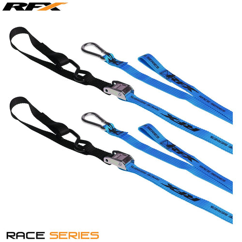 RFX Race Series 1.0 Tie Downs (Blue/Black) with Extra Loop and Carabiner Clip