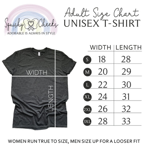 adult size chart unisex t-shirt