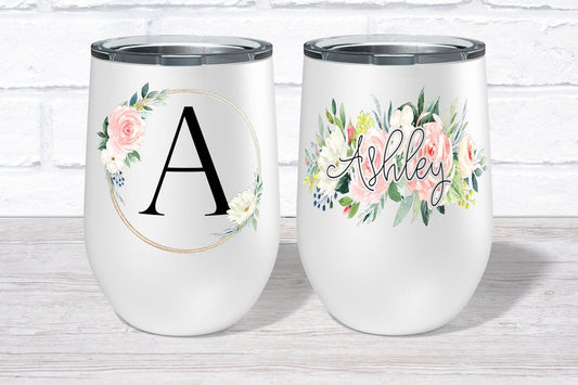 Personalized Bridesmaid Wine Tumbler Glasses with 3 Wreath Floral Frames - Front & Back Design - Custom Text from BluChi