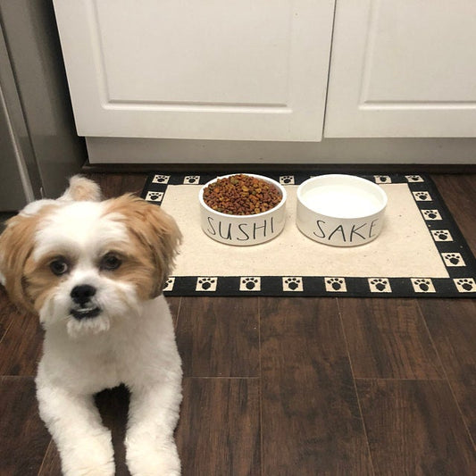 Dinner & Drinks White Ceramic Pet Food Bowl Set – Squishy Cheeks