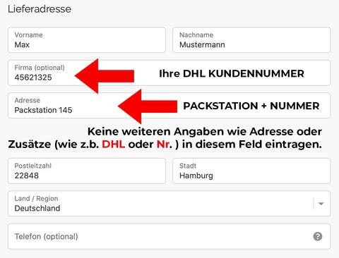 Ansicht Formular bei Bestellung mit Packstation