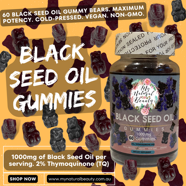 BLACK SEED OIL GUMMIES- 60 Gummies    BLACK SEED OIL GUMMY BEARS. COLD-PRESSED.  MAXIMUM POTENCY. VEGAN. NON-GMO.    1000mg of Black Seed Oil per serving. 2% Thymoquinone (TQ).