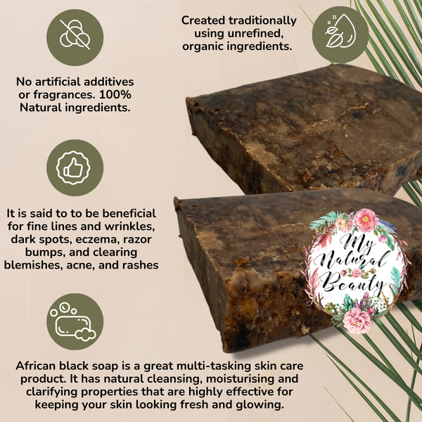 Traditional Authentic African Black soap has been known to alleviate rashes, scalp irritations, acne, blemishes, wrinkles and other skin conditions.  It softens and rejuvenates the skin. You can use this soap on your body, face, and hair. African Black Soap is deep cleaning, leaving the skin feeling fresh and healthy. It has also been known to improve the appearance of fine lines and wrinkles.