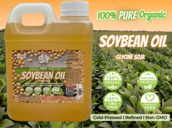 BENEFITS OF SOYBEAN OIL FOR SKIN AND HAIR:   Here are just some of the many benefits of Soybean Oil for skin and hair:    ·	Moisturises the skin and hair  ·	Soybean oil contains properties such as antioxidants, vitamins, minerals, and fatty acids essential for a healthy and youthful complexion.