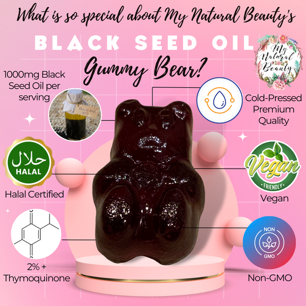 Nutrient-Packed: Our Black Seed Oil Gummy Bear supplements are rich in Thymoquinone, vitamins and minerals, having powerful anti-oxidant and anti-inflammatory properties which promote a general wellbeing for your body.