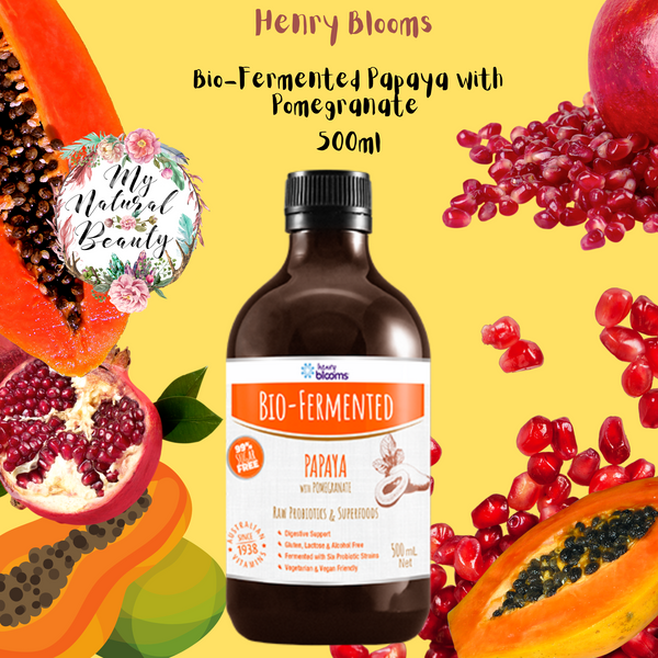 Henry Blooms Bio-Fermented Papaya with Pomegranate is a superfood-rich probiotic drink, great as a daily shot to support gut health and digestion for that extra spring in your step! 99% sugar free, alcohol and gluten free and vegan friendly, this happy-tummy liquid concentrate contains bio-fermented Papaya for digestive support. Add an antioxidant kick from Pomegranate and you have a winning daily combination together with probiotics for a naturally bio-fermented drink.