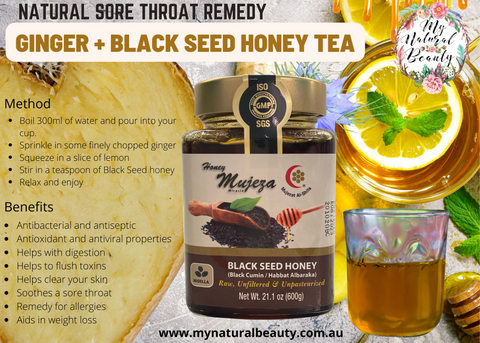 recipe. Black Seed honey. Make tea with ginger and black seed honey