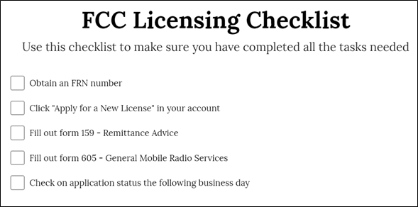 Obtendo sua lista de verificação de licença FCC