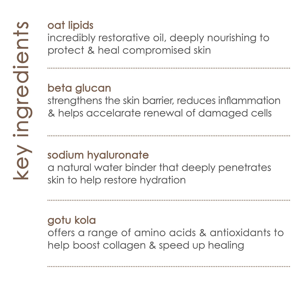 All calm moisturiser, key ingredients. Oat lipids, beta glucan, sodium hyaluronate, gotu kola extract.