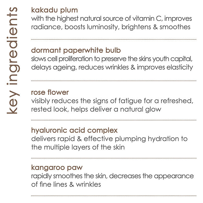 key ingredients. hyaluronic acid complex, kakadu plum, dormant paperwhite bulb, rose flower, kangaroo paw extracts,