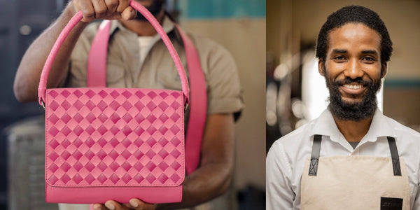 our maker holding our ideal crossbody bag.