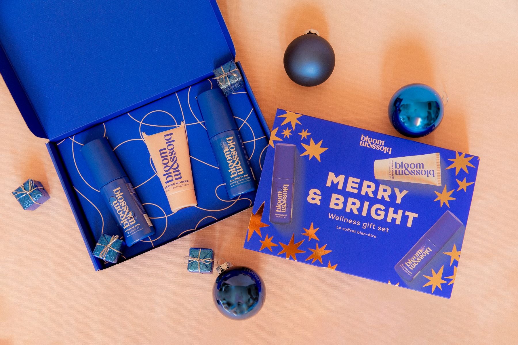 Vibrant blue skincare gift box for Christmas.