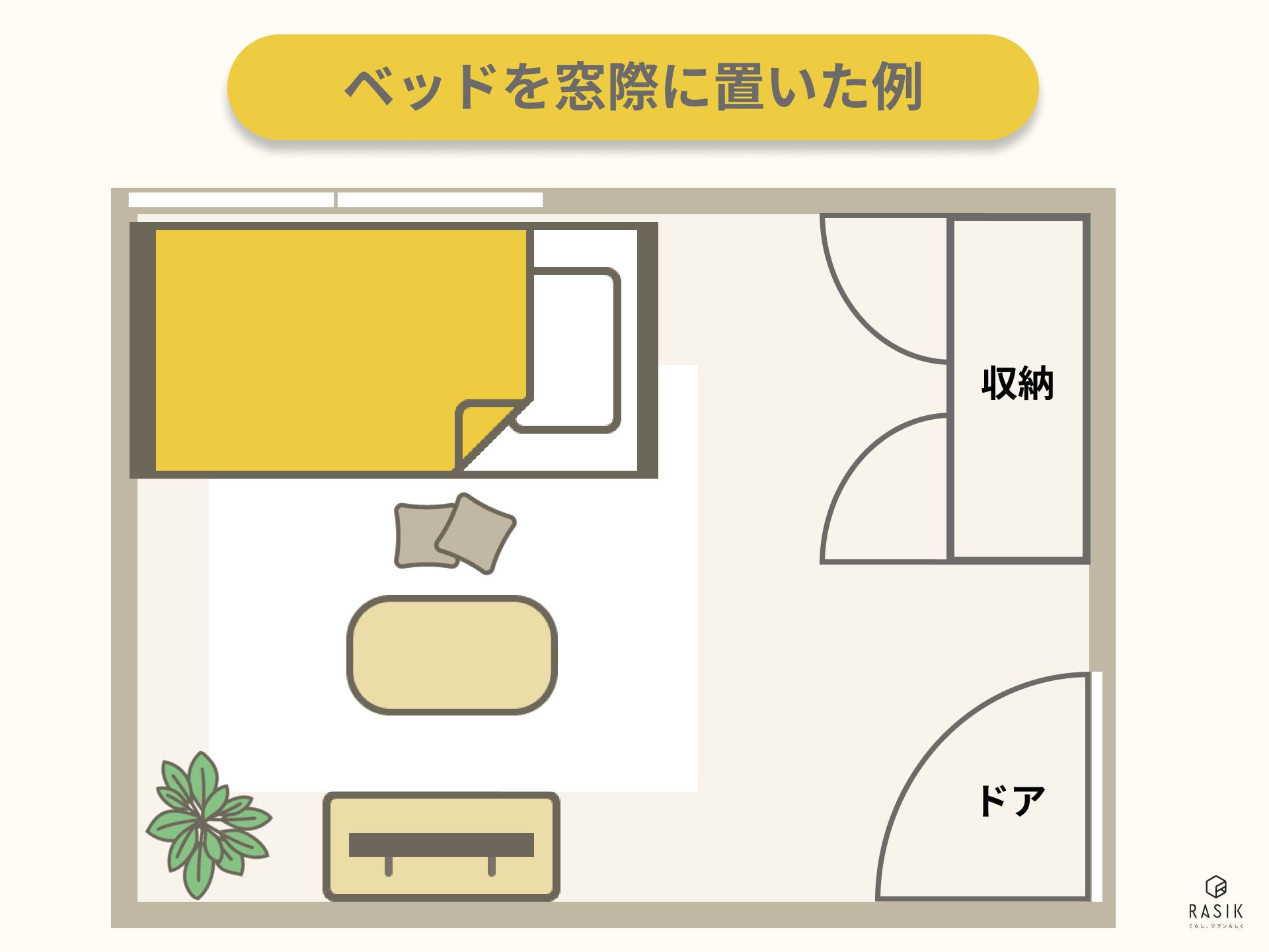 クローゼット前で部屋の窓際にベッドを置いた画像