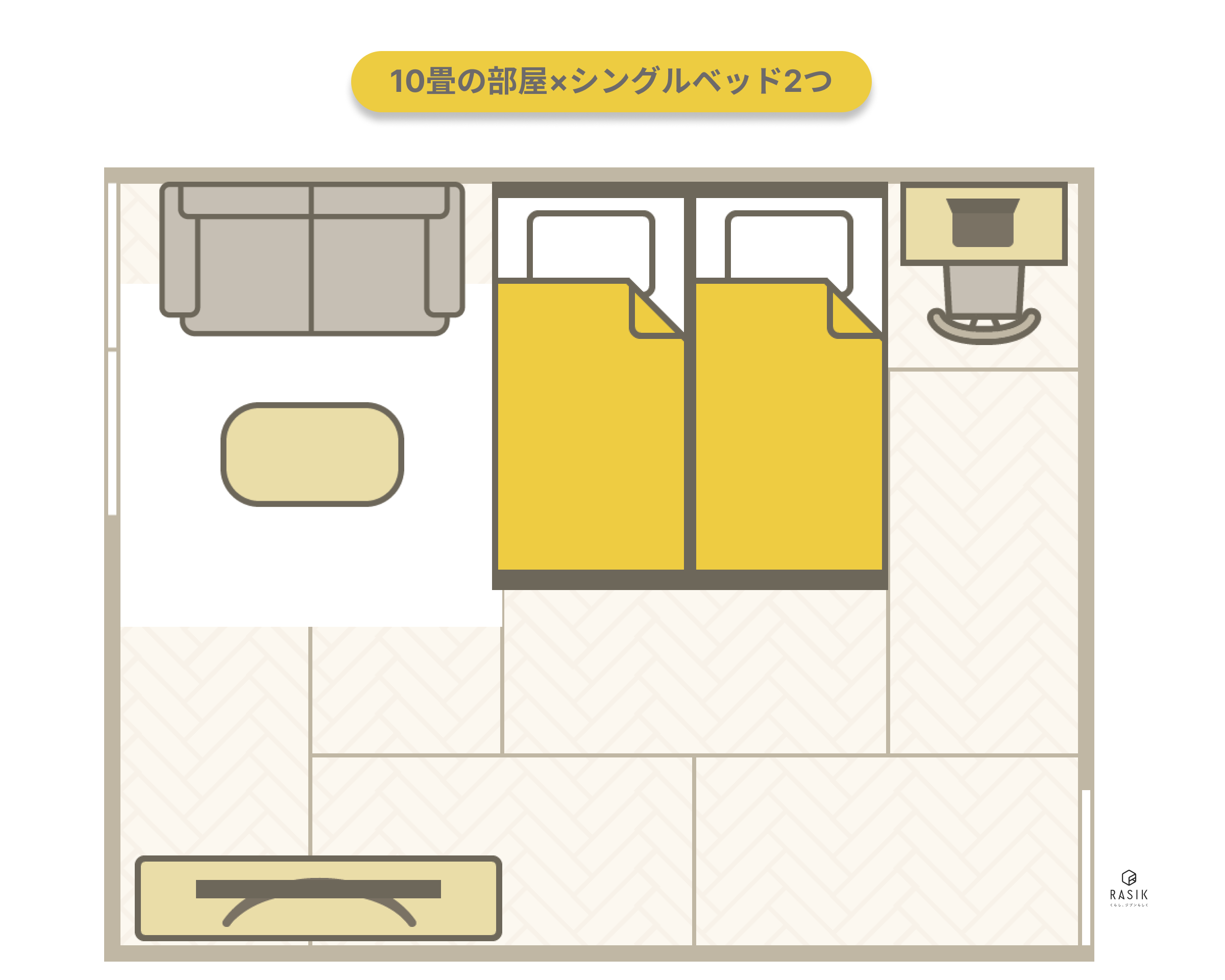 10畳の部屋×シングルベッド2つ置いた画像