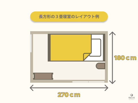 長方形の３畳寝室のレイアウト例