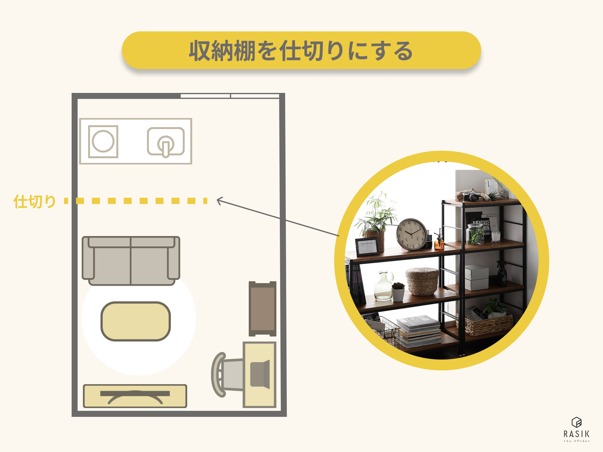 棚でキッチンとリビングを仕切った画像