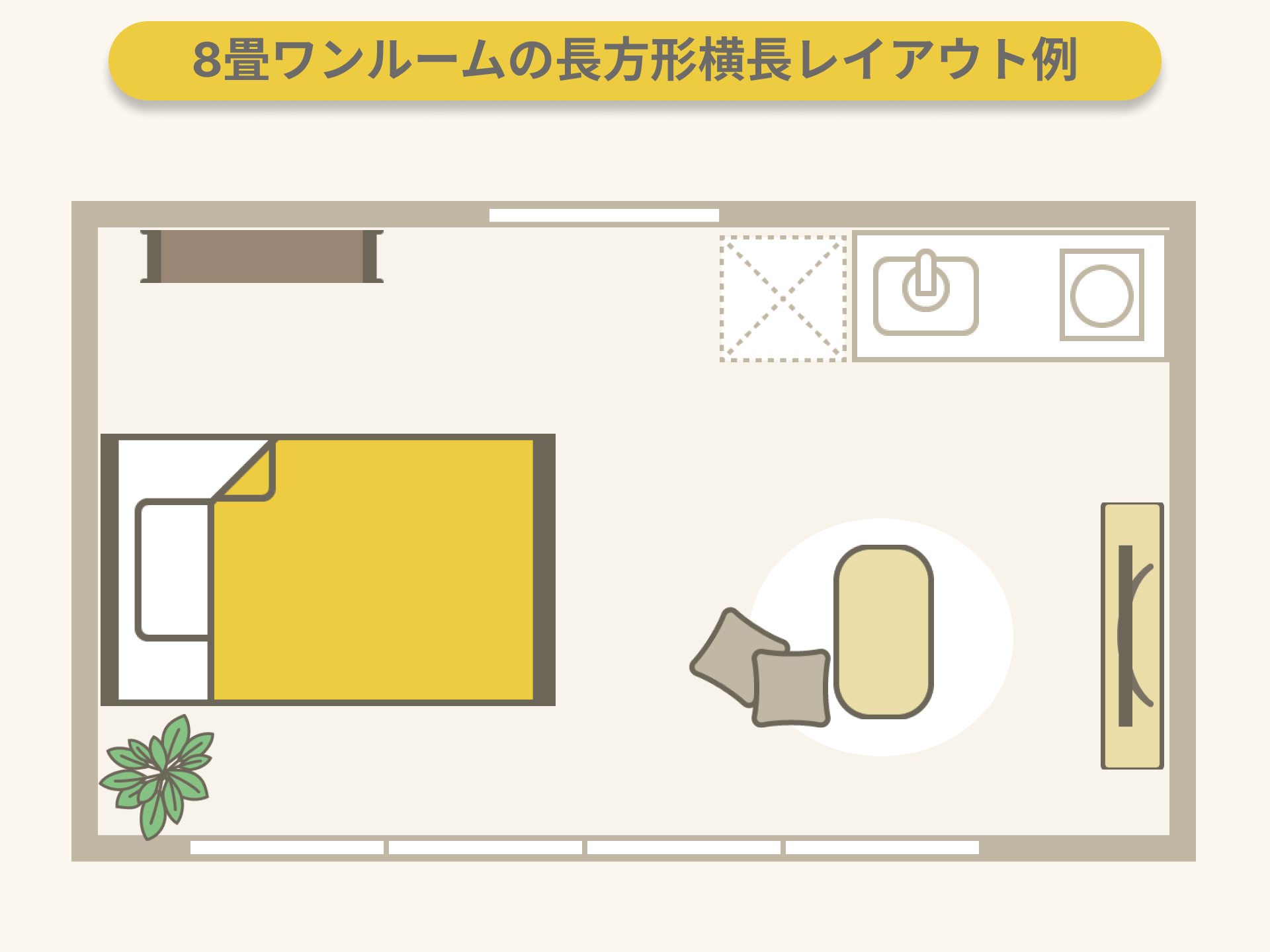 ワンルーム8畳の一人暮らしにおすすめのレイアウト：長方形横長