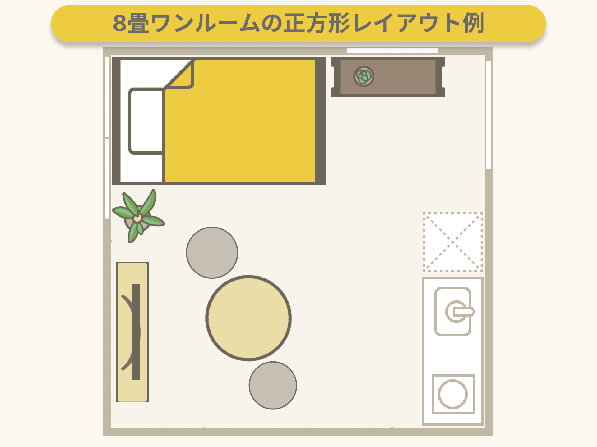 ワンルーム8畳の一人暮らしにおすすめのレイアウト：正方形