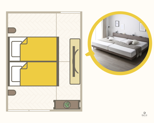 シングルベッドを2つ部屋に置いたレイアウト例の画像