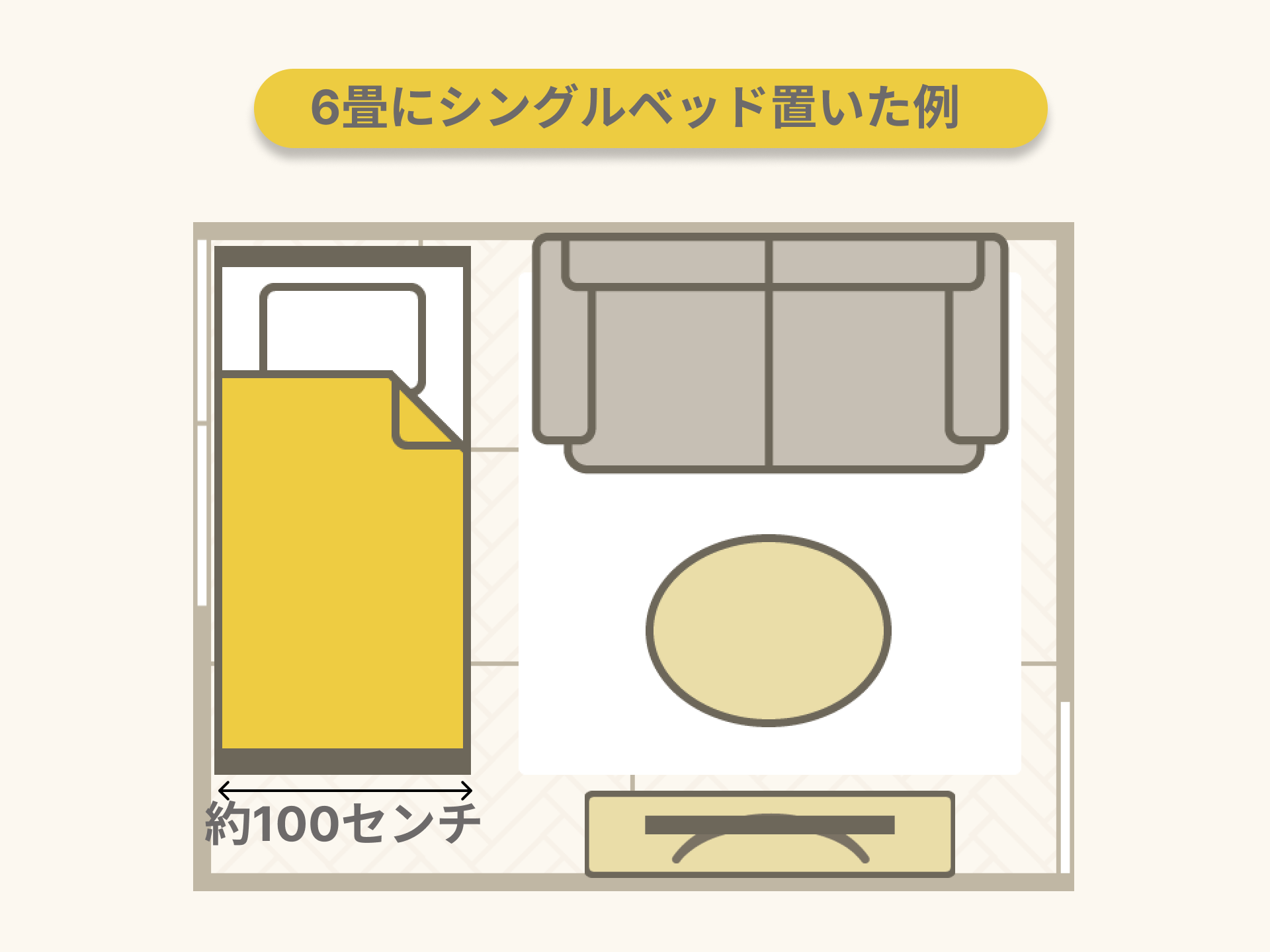 6畳の部屋にシングルベッドを置いた画像