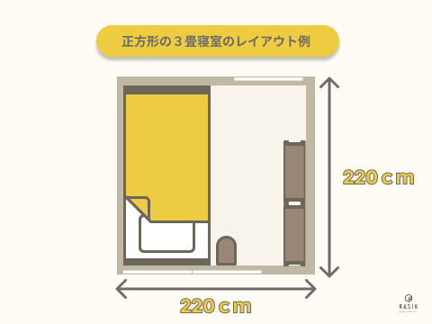 正方形の３畳寝室のレイアウト例