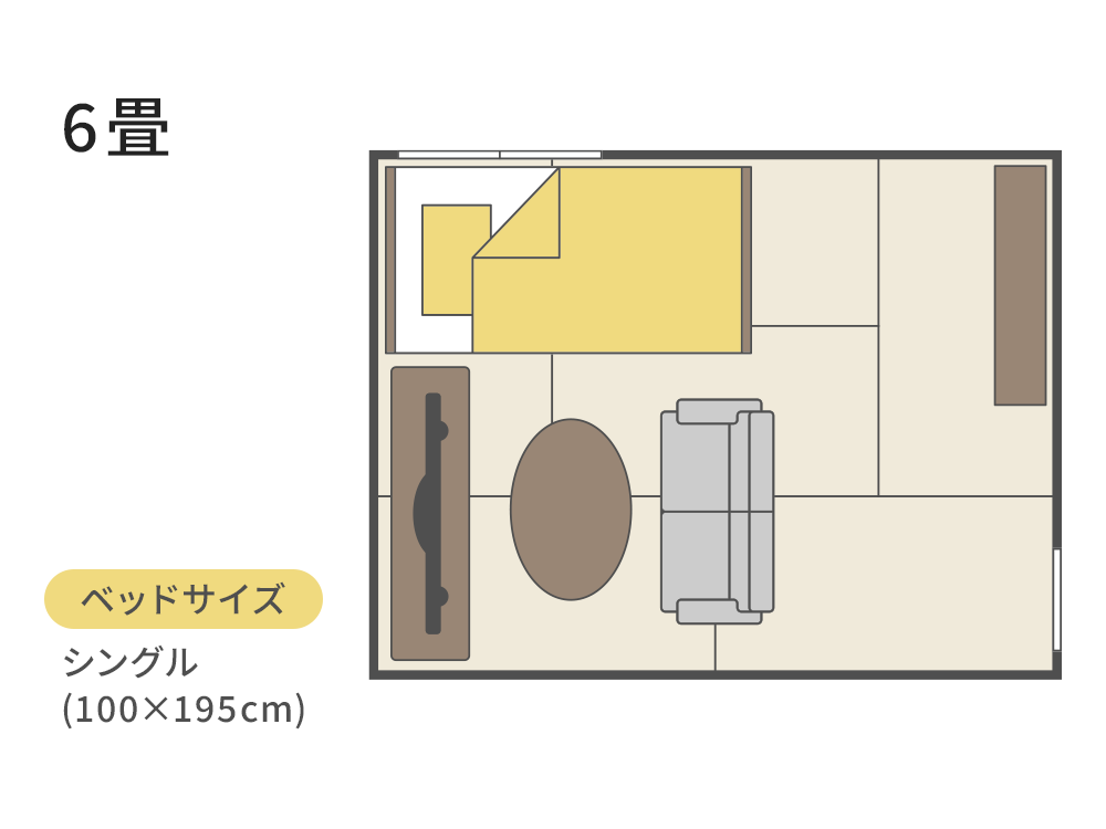 6畳にベッドを配置した画像