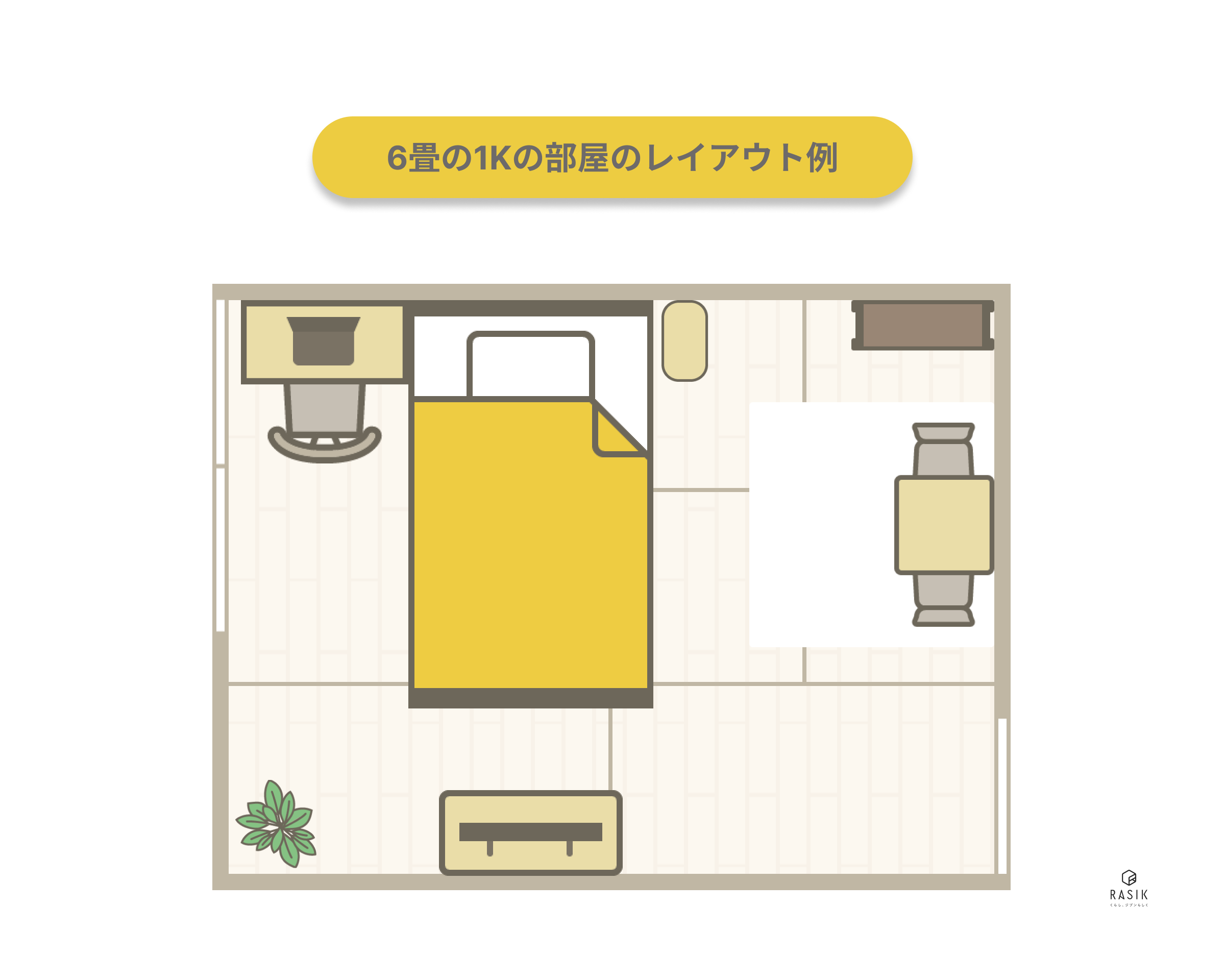 6畳の1Kの部屋にセミダブルベッドを置いたレイアウト