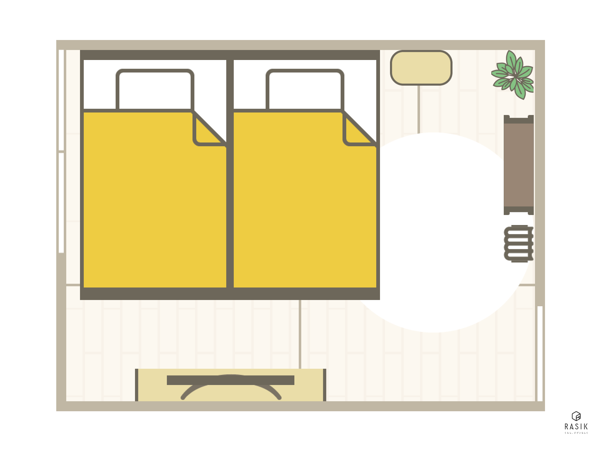 6畳の部屋にセミダブルベッドを2つ並べる画像