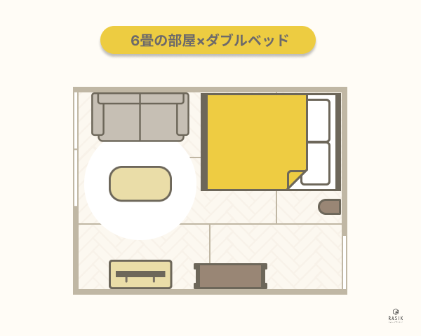 6畳の部屋にダブルベッドを置いたレイアウト例