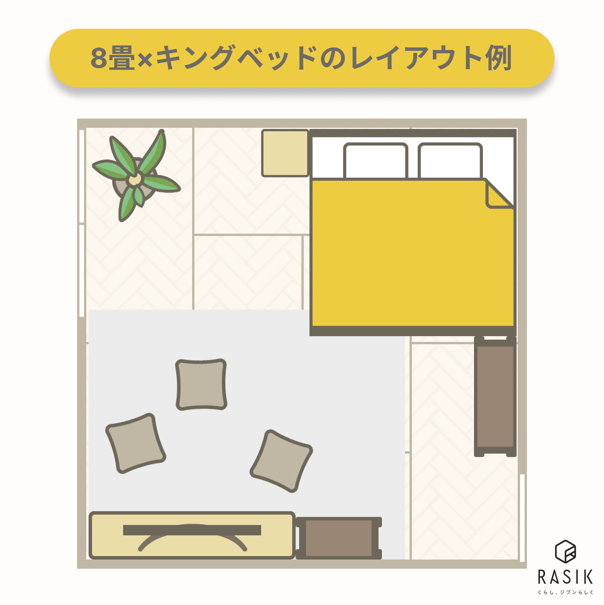 8畳の部屋にキングベッドを置いたレイアウト画像