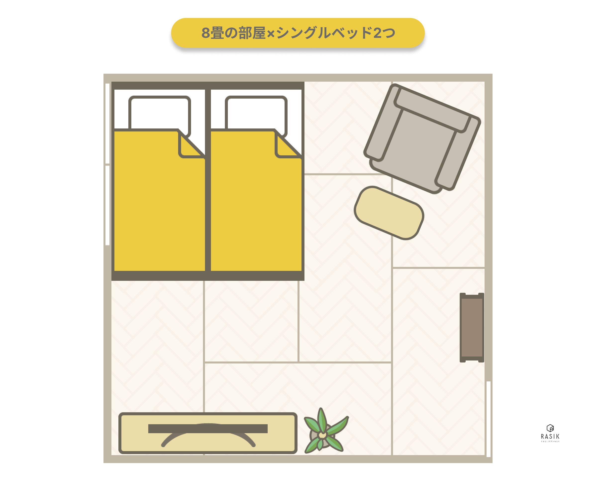 8畳の部屋×シングルベッド2つ置いた画像