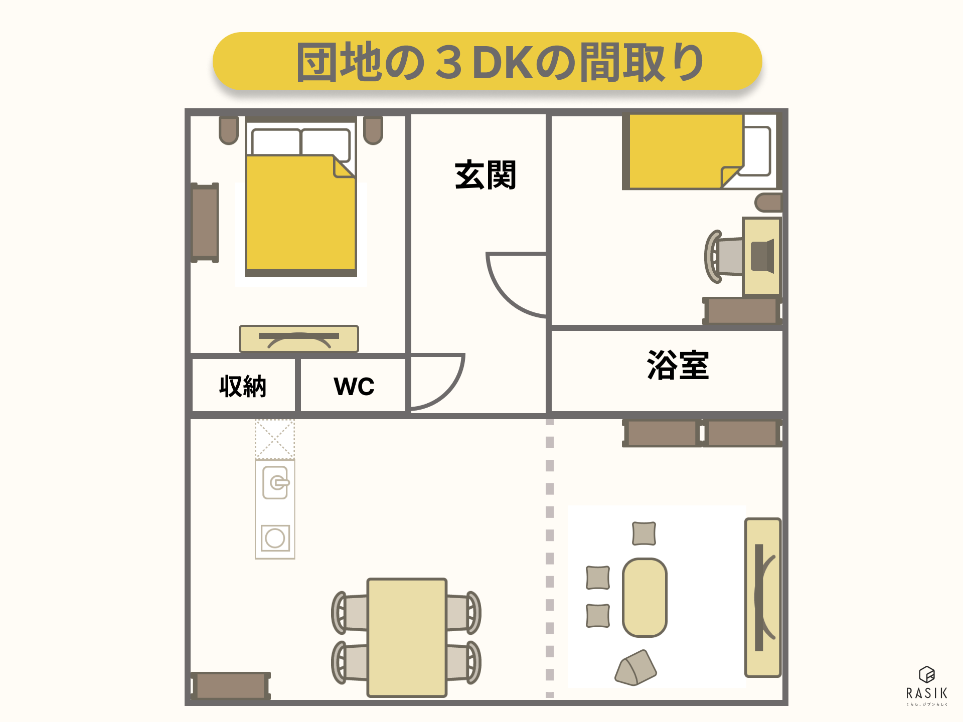 3DKの団地レイアウト例の画像