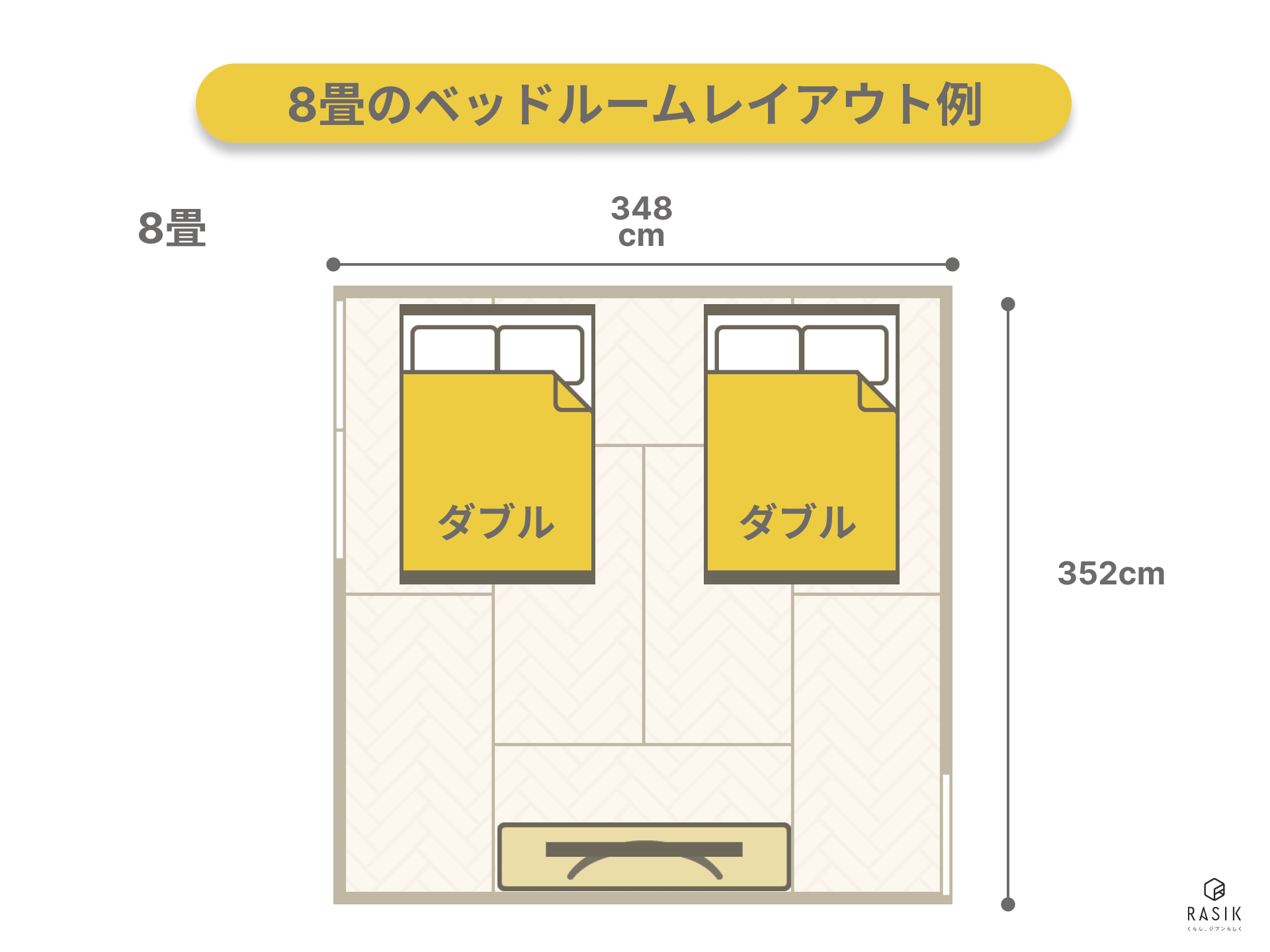 8畳のマンション寝室レイアウト・ベッド2つの配置例