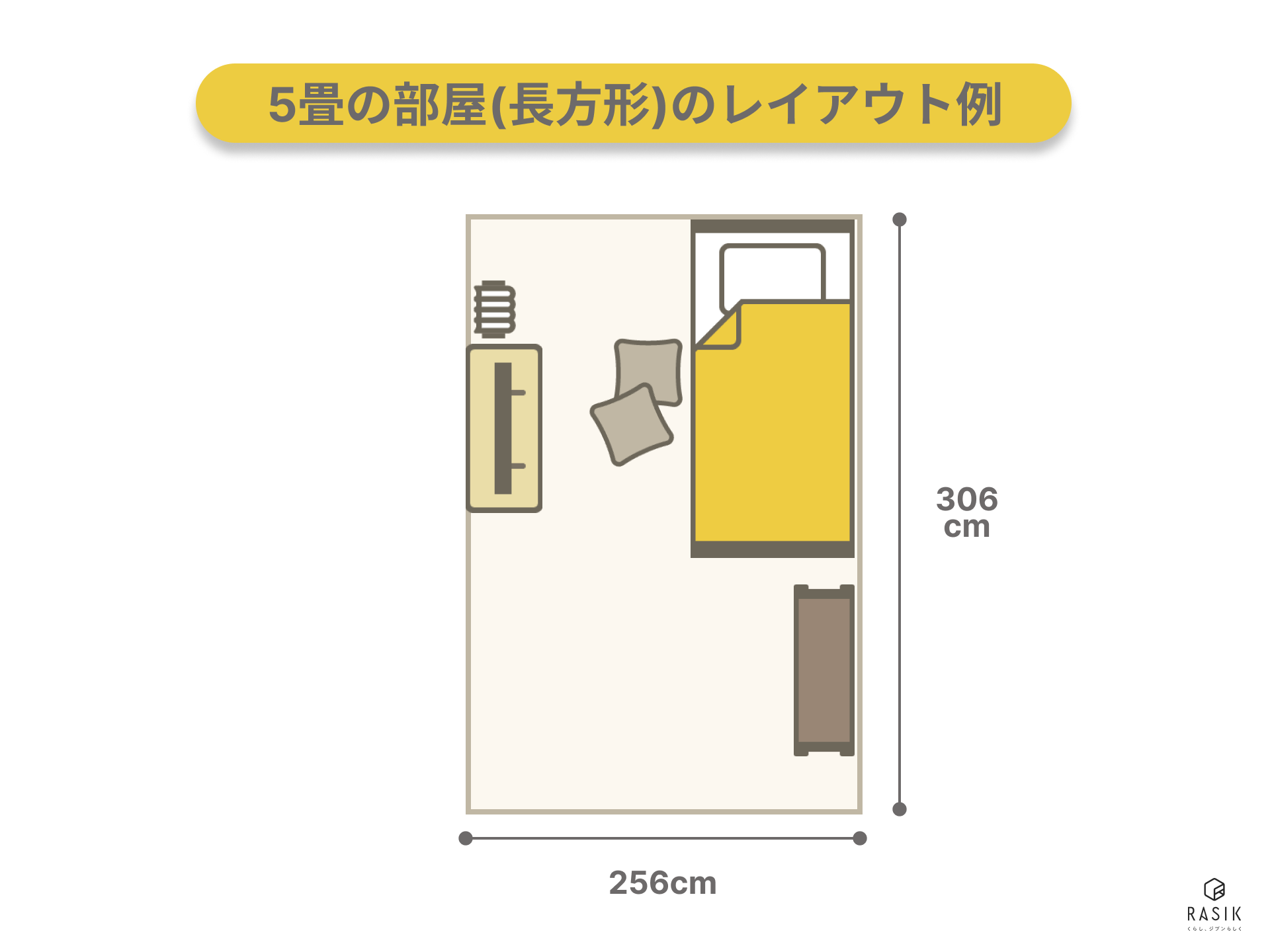 5畳の長方形ベッドルーム（寝室）のレイアウト