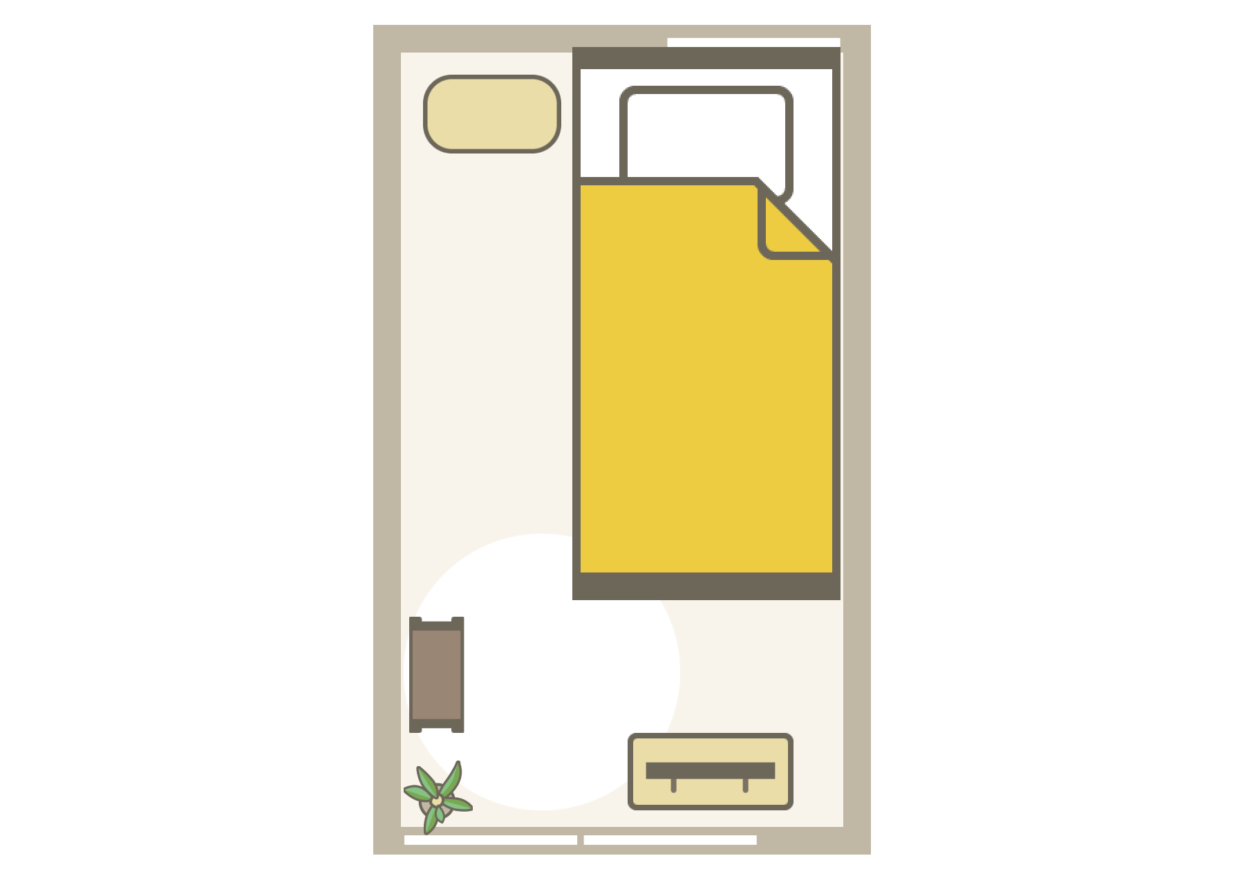 4畳の縦長寝室×シングルベッドのレイアウトのイメージ