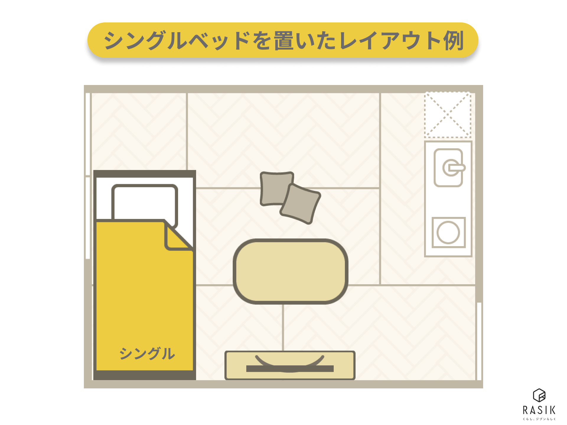 6畳の一人暮らし部屋にシングルベッドを置いた例