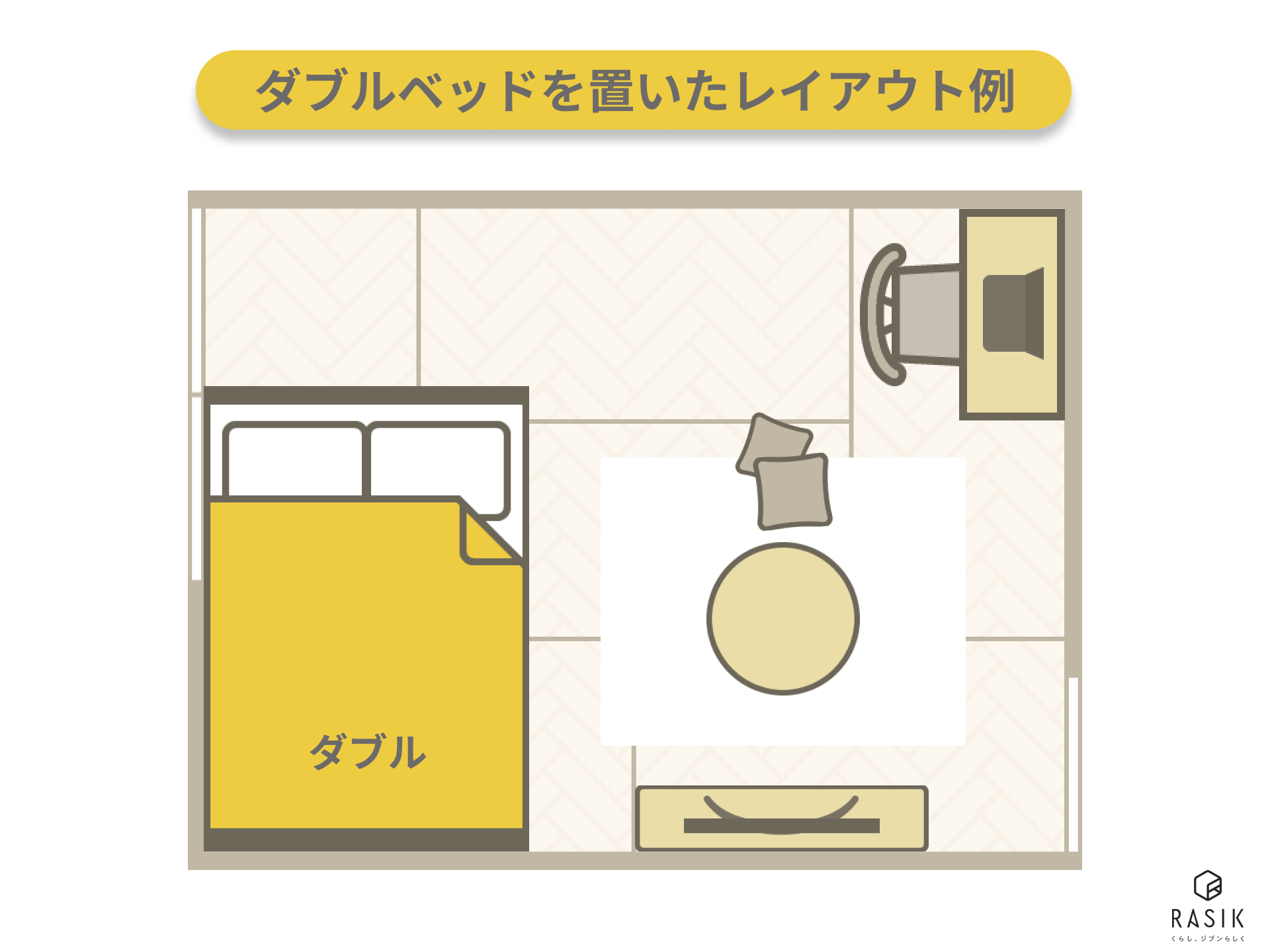 6畳の一人暮らしの部屋にダブルベッドを置いた例